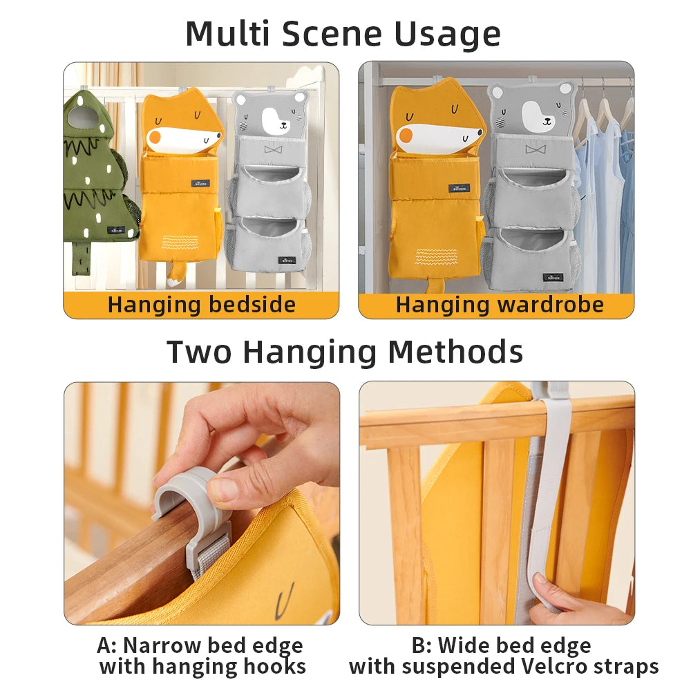 Sunveno Cartoon Baby Crib Hanging Storage Bag, Multi-functional Organizer for Baby Supplies Baby Room Decor