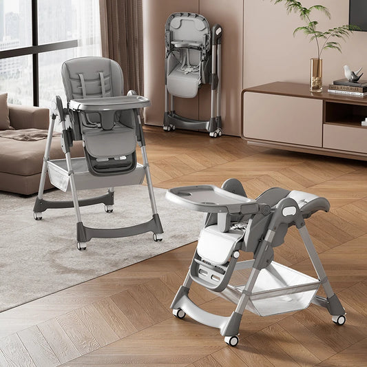 Foldable Baby High Chair With Safety Harness And Locking Wheels