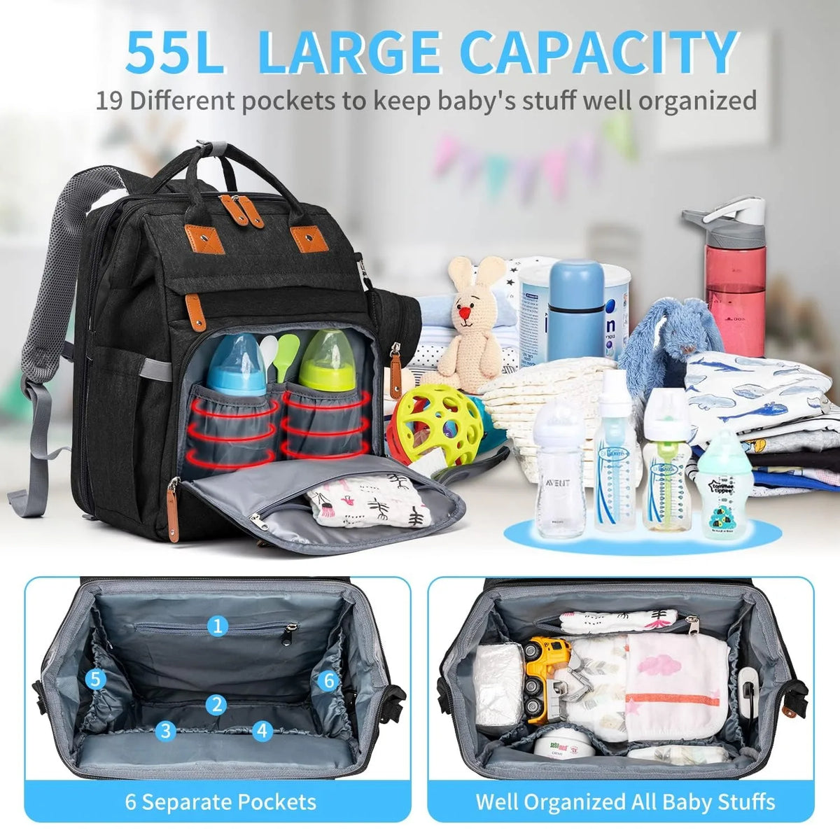 Diaper Backpack With Folding Changing Bed And Insulated Bottle Pocket