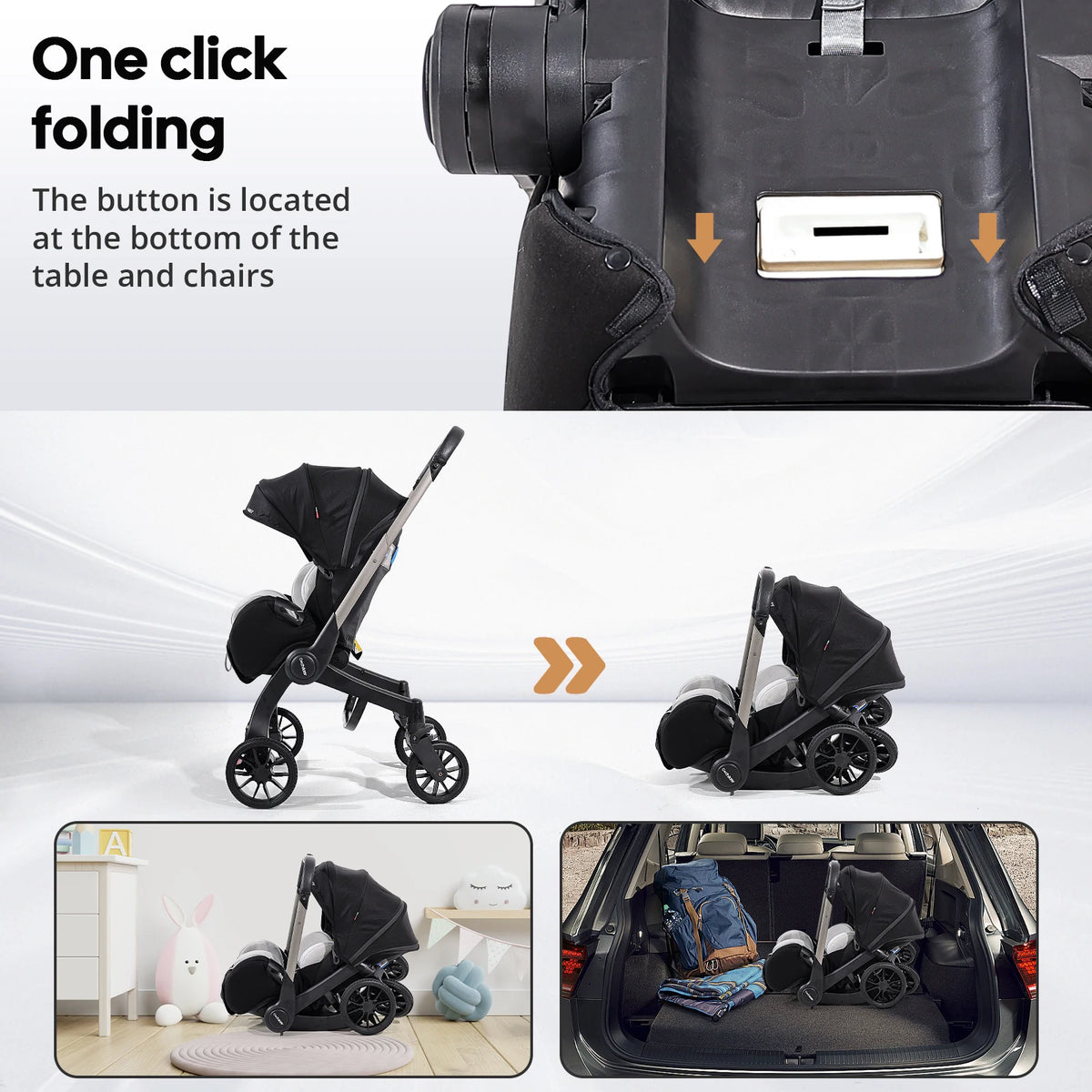 Stroller with 4 heels - metal frame and comfortable fabric, Foldable and easy to transport.