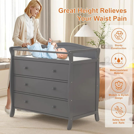 HiMISS Wooden Baby Changing Table With Safety Belt And Drawers