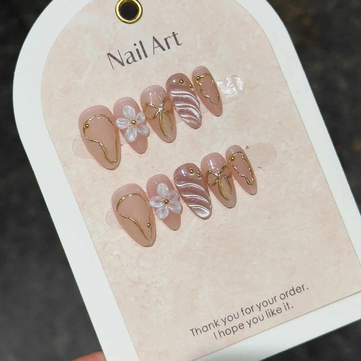 10pcs 3D Flower Handmade Press on Nails Short Almond False Nails Shiny Cat Eye Stick on Nail Metal Bowknot Delicate Nails Pink