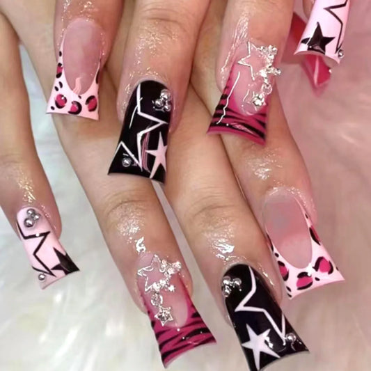24pcs Duck Bill Shape Press On Nails, Pink & Black Contrast With Leopard Print, Star Patterns & Rhinestone Dangle Charms, French Tip Design, Removable & Reusable Fake Nails, Perfect For Edgy Style, Daily Wear & Nail Art Decor