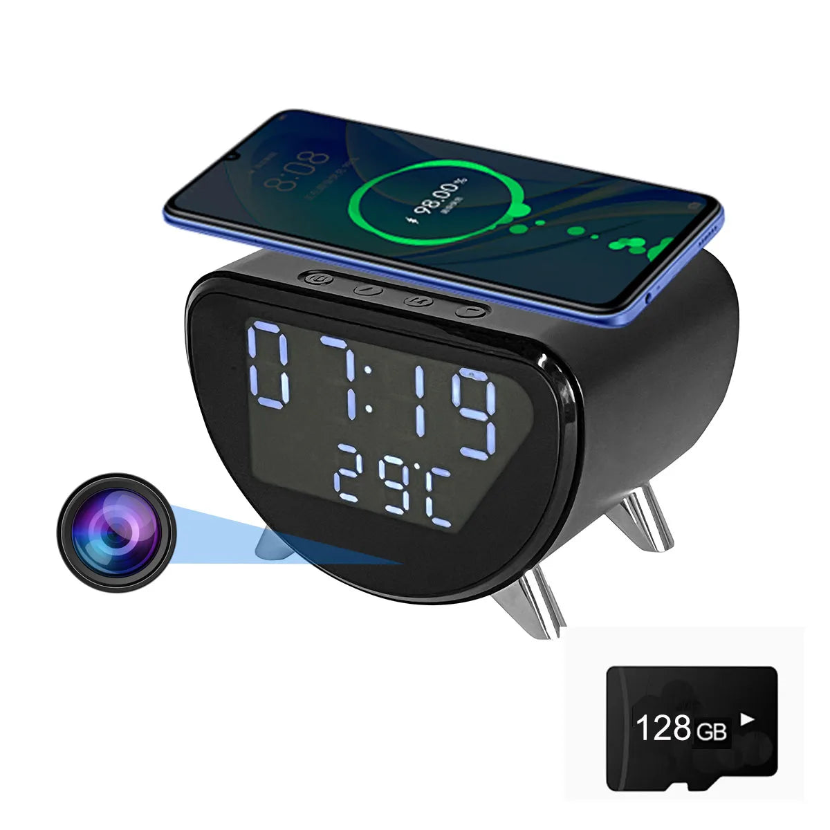 4K WiFi Clock Camera with Wireless Charging, Motion Detection, Loop Recording, Remote Viewing & App Control for Home Security
