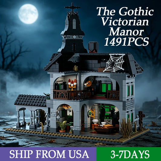 1491PCS Gothic Victorian Manor Building Blocks Street View Sets Home Decor MOC Spooky Dark Horror Castle Construction Bricks Toys Ideal Halloween Christmas Gifts