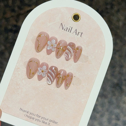 10pcs 3D Flower Handmade Press on Nails Short Almond False Nails Shiny Cat Eye Stick on Nail Metal Bowknot Delicate Nails Pink