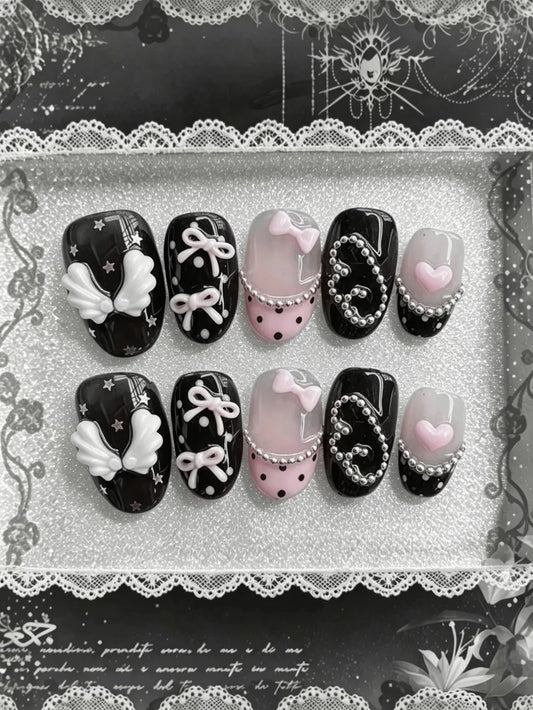 10pcs pure hand pressed short circular nail art, beautiful fake nails, sweet and cool pink bow, suitable for women to use