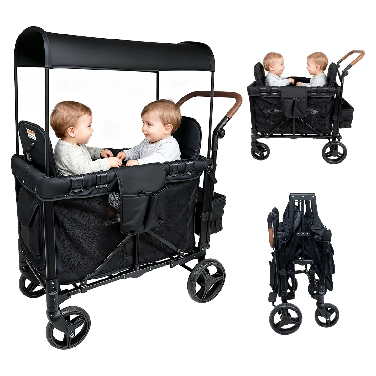 Twin Baby Stroller, High Seats With Seat Belts, Children's Outdoor Camping Tavel Trolley, Parent Storage Cart