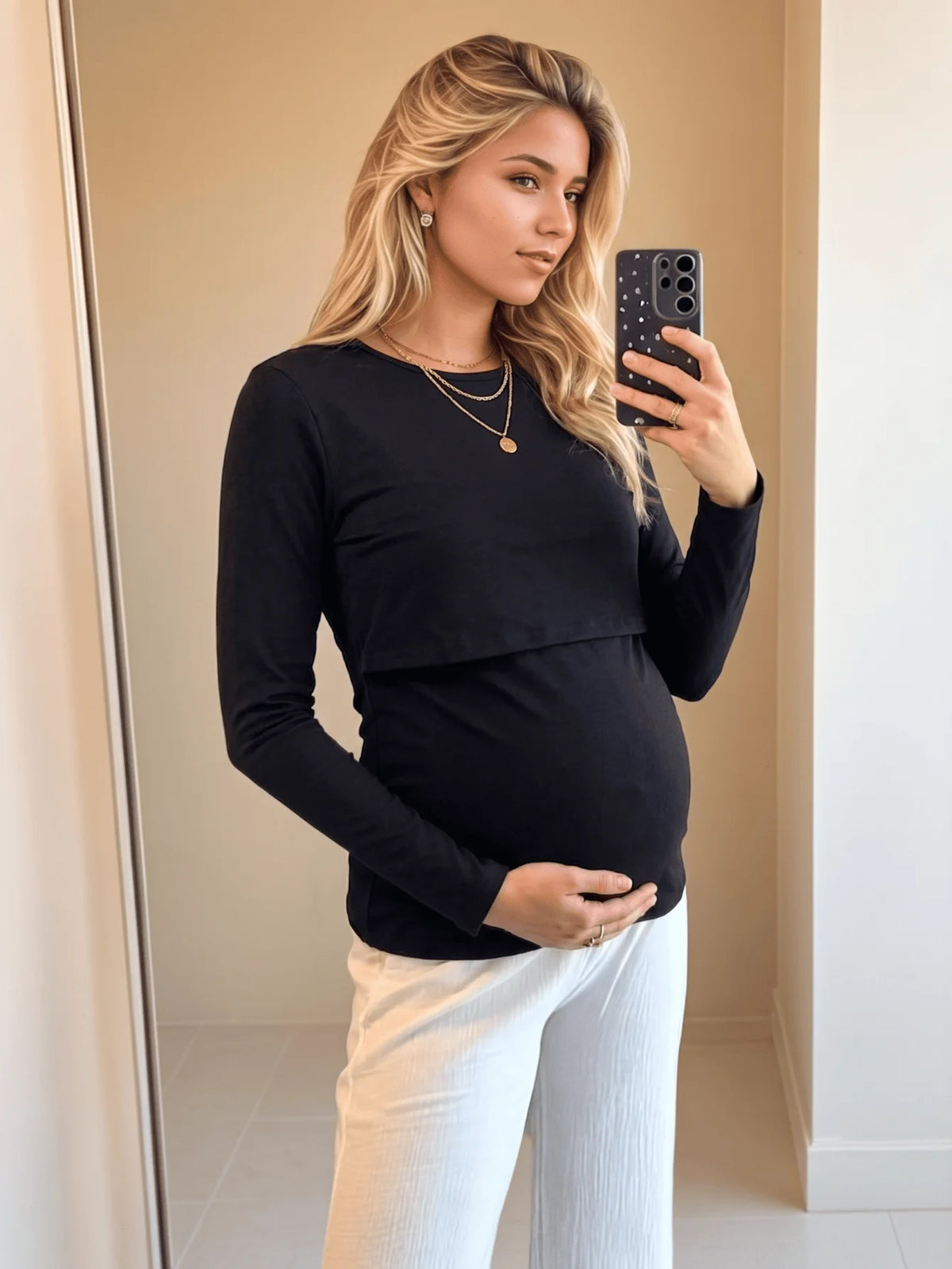 Pack of 3, pregnant women's breastfeeding long-sleeved tops, autumn and winter versatile care T-shirts, maternity clothes