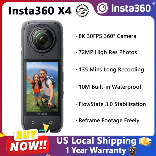Insta360 X4 8K Panoramic Action Camera Refurbished 72MP Photos Digital Camera For Vlogging Cameras FlowState Stabilization 10M Waterproof Go Pro Vlogging 360° Camera Fast Shipping From US
