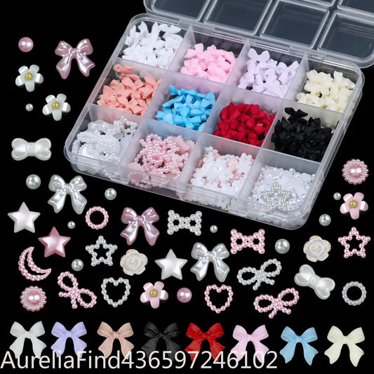 12 Grids Box 3D Mixed Nail Charms Bowknot Pearl Heart Flower Star Moon Flatback Resin Rhinestones DIY Nail Art Decorations