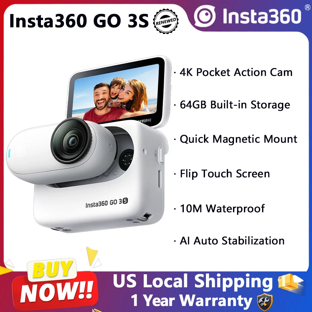 Insta360 GO 3S Tiny 4K Action Camera for Vlogging Arctic White Refurbished Digital Camera For Go Pro Vlogging Cameras with 128GB Built-In Waterproof 10M FlowState Stabilization 360° Camera Fast Shipping From US