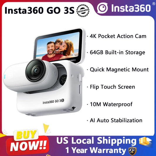 Insta360 GO 3S Tiny 4K Action Camera for Vlogging Arctic White Refurbished Digital Camera For Go Pro Vlogging Cameras with 128GB Built-In Waterproof 10M FlowState Stabilization 360° Camera Fast Shipping From US