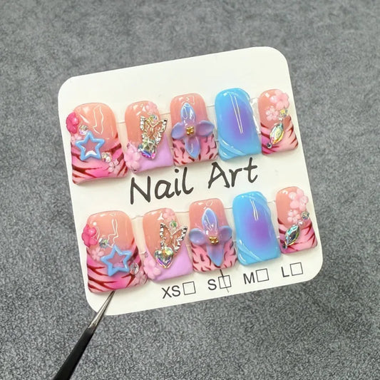 10pcs Handmade Fake Nails Duckbill Shaped Press On Nails Colorful Leopard-print French False Nails With 3D Carved Flower Designs