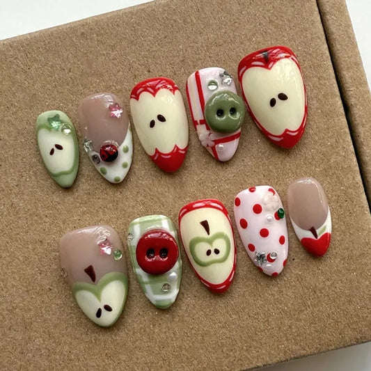 24PCS Cute Cartoon Red Apple False Nails Green Polka Dots Plaid Patterns French Fake Nails Tip Sweet Fruit Almond Nails Press On