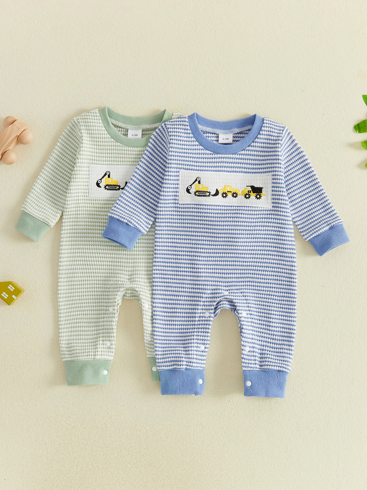 Excavator Patch Romper Striped Jumpsuit Long Sleeve Crewneck Excavator Boys Jumpsuit Baby Boys Boys Striped Compact