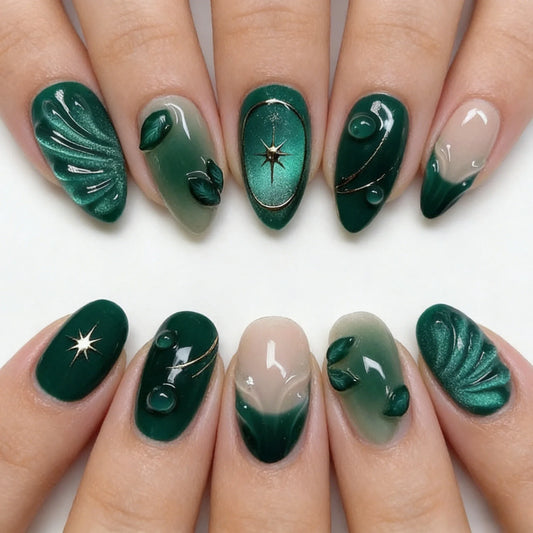 24Pcs Cool-Tone Green Press On Nails 3D Wavy French Cat Eye For Women Party Daily