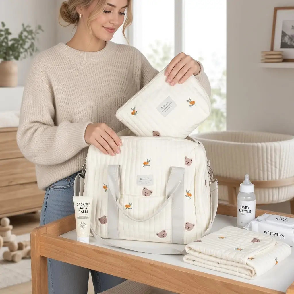 Quilted Diaper Bags, 40cm Embroidery Stylish Diaper Tote, Travel Shoulder Luggage Bag,hospital Bag for Mom and Baby,Overnight Travel Handbag for  Mom Dad Everyday Use, Travel Essential