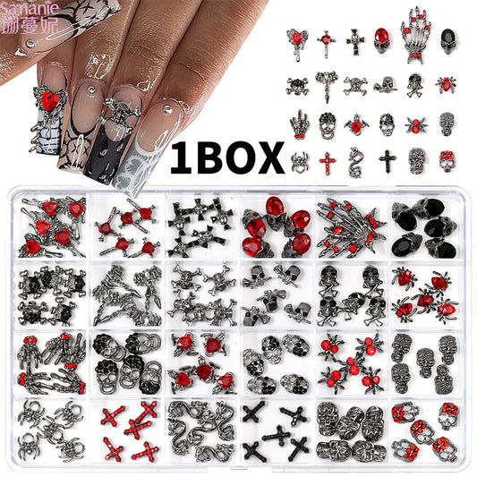 12 Grids Gothic Nail Charms Skull Cross Snake 3D Metal Nail Ornaments with Red Rhinestones Halloween Dark Style Nail Art Decor for Salon Home DIY Manicure